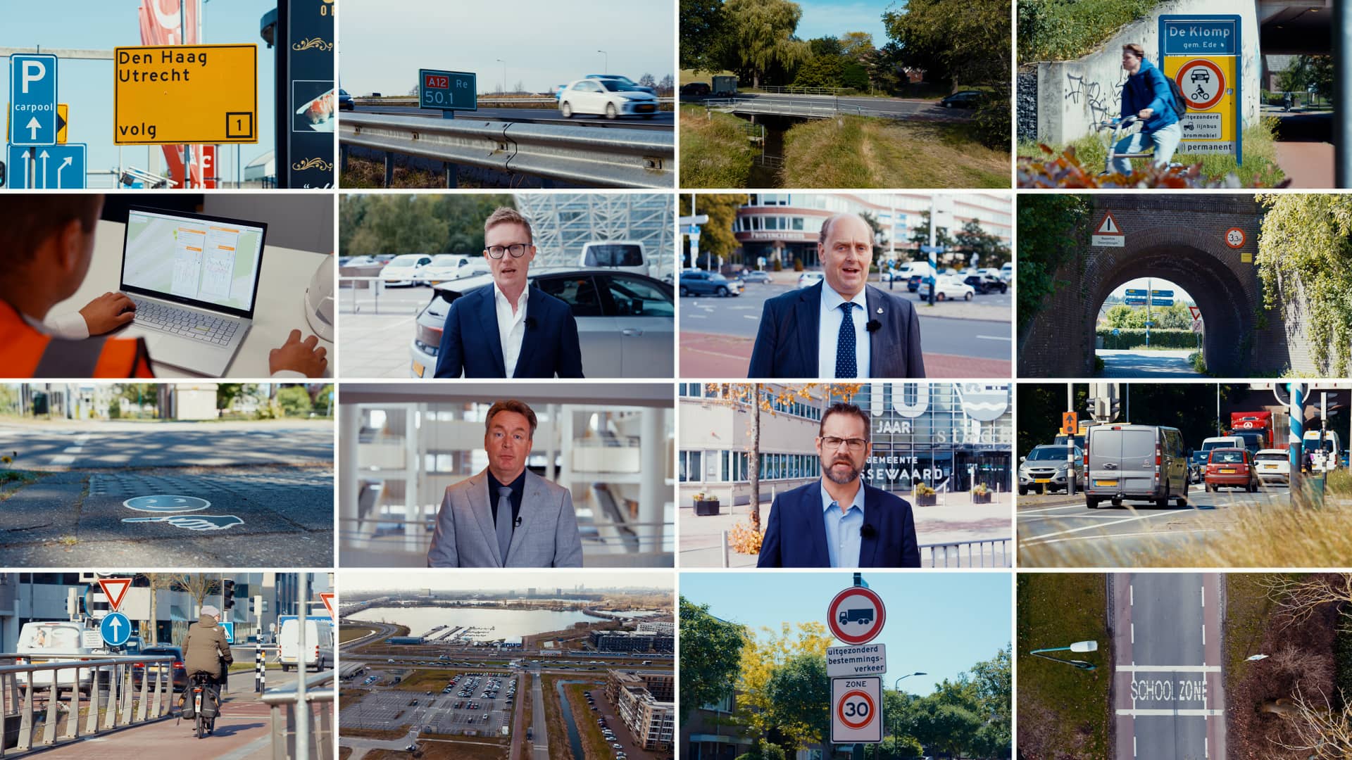 Collage van beelden uit een video over verkeer en infrastructuur in Nederland, met verkeersborden, wegen, fietsers, auto’s, en verschillende mensen in zakelijke kleding die spreken voor de camera